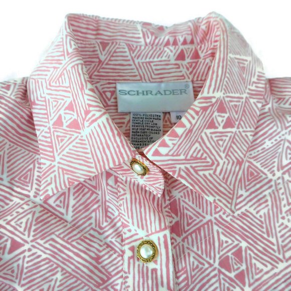 Vintage 70s 80s Dress Secretary Day Pockets Geometric Pink Pearlized Buttons L - Picture 2 of 15